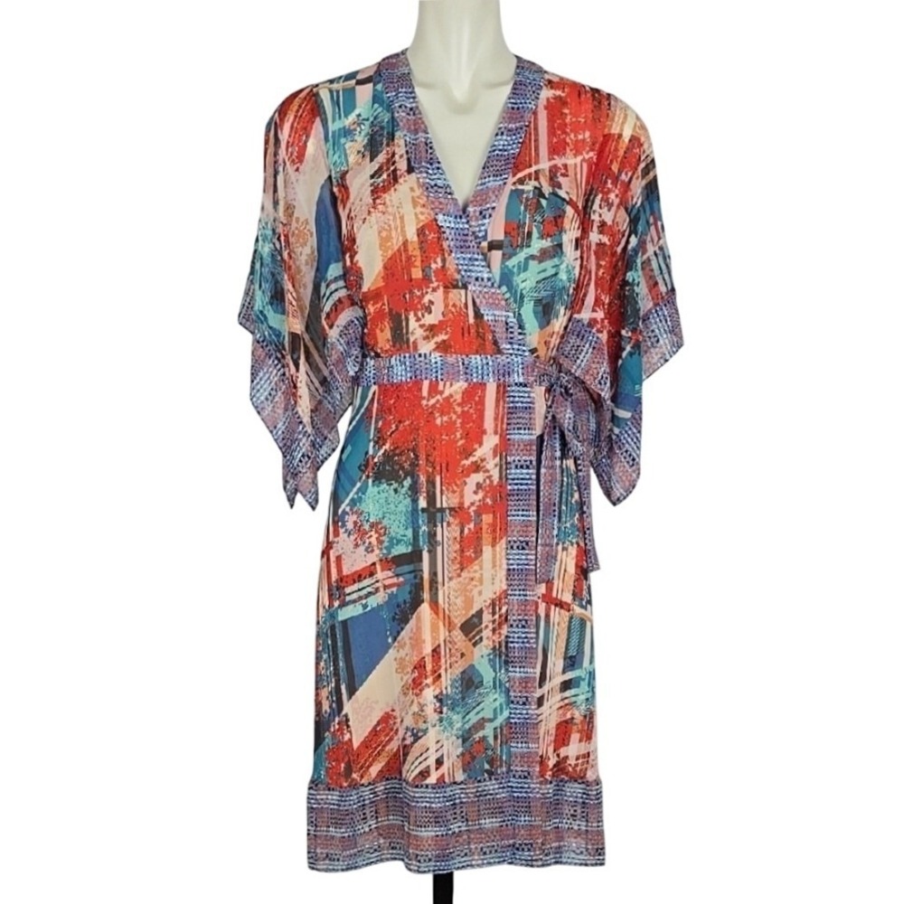 BCBGMAXAZRIA Krystie 100% Silk Chiffon Kimono Wrap Dress Poppy Blue Multi XS